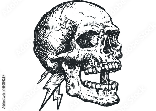 Detailed Grunge Skull with Lightning Bolt Graphic on Transparent. Vector hand drawn illustration