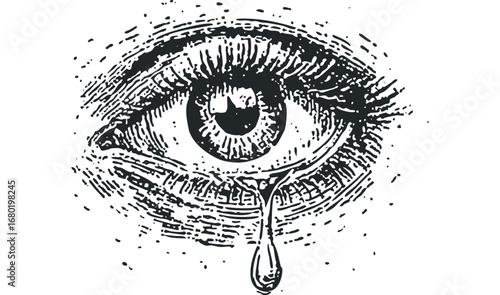 Close-up of a Black man's eye with a tear falling. Vector hand drawn illustration
