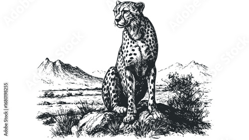 Detailed Sketch of a Cheetah Sitting Amidst a Stylized Savanna Landscape. Vector hand drawn illustration