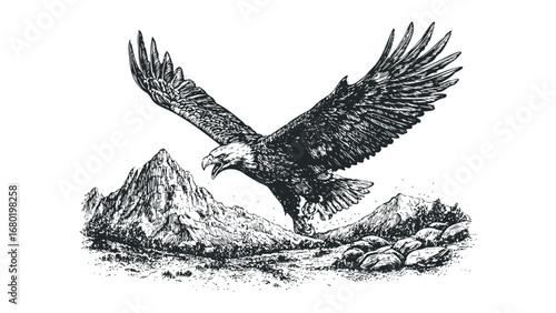 Majestic eagle soaring over rugged mountains in a detailed monochrome sketch. Vector hand drawn illustration