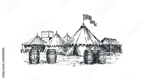 Medieval encampment with tents, barrels, and castle in sketch style. Vector hand drawn illustration