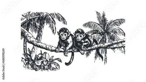 Sketch of two monkeys perched on a tree branch amidst tropical foliage. Vector hand drawn illustration