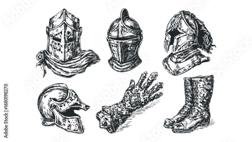 Collection of Vintage Knight Armory Pieces with Intricate Linework Details. Vector hand drawn illustration