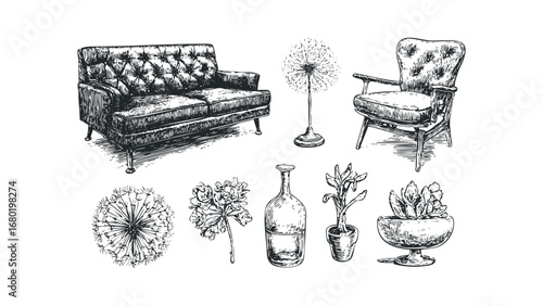 Sketchy Furniture and Botanical Elements with Dandelion Motif. Vector hand drawn illustration