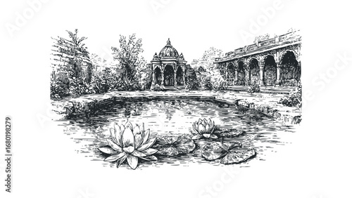 Indian courtyard pond with lotus flowers and architectural detail. Vector hand drawn illustration
