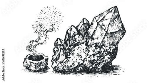 Vintage drawing of a crystal cluster with smoke emanating from a stone bowl. Vector hand drawn illustration