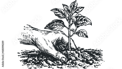 Hand planting a small green seedling in soil on a transparent background. Vector hand drawn illustration