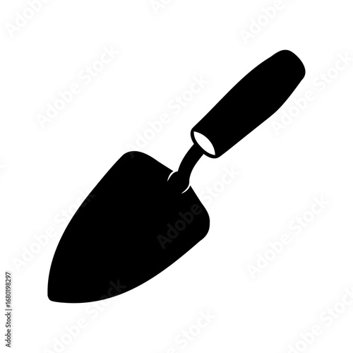 A simple black silhouette image of a garden trowel tool used for planting