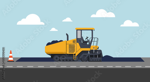 Yellow Asphalt Paver Laying Road Surface Illustration.