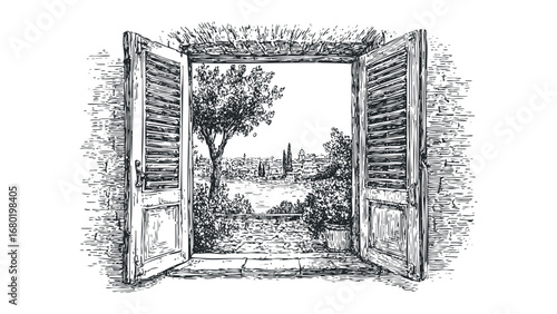 Open French doors revealing a picturesque townscape with a body of water and foliage. Vector hand drawn illustration