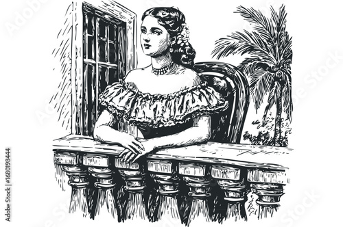 Elegant woman in vintage attire looking away on a balcony with palm trees. Vector hand drawn illustration