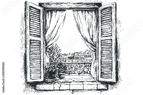 Hand-drawn sketch of open shutters and curtains revealing a cityscape view with balconies and potted plants. Vector hand drawn illustration