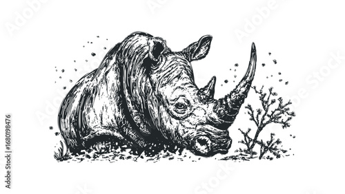 Detailed sketch of a rhinoceros head with a textured horn and sparse vegetation. Vector hand drawn illustration