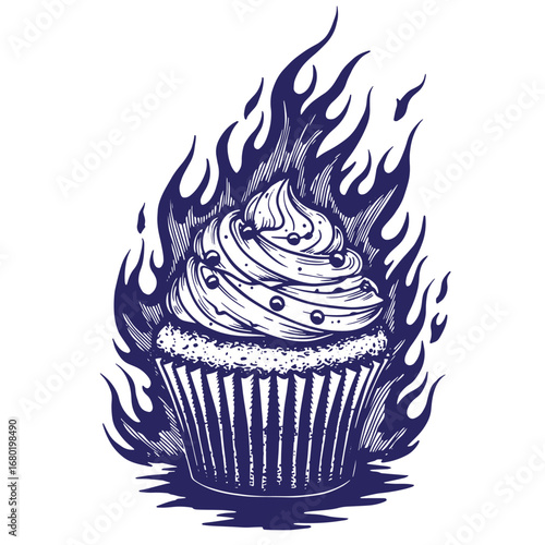 Intricate tattoo style illustration of a cupcake surrounded by fiery flames in dark blue