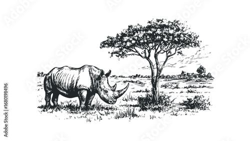 Rhinoceros standing in grassy savanna with acacia tree. Vector hand drawn illustration