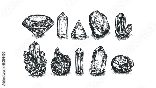 Collection of hand-drawn geological specimens on a transparent background. Vector hand drawn illustration