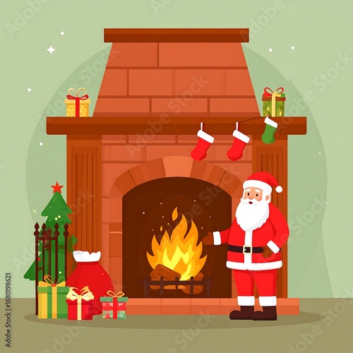 Santa Claus Standing By A Cozy Fireplace With Christmas Tree And Gifts.