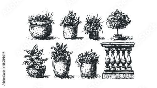 Collection of Potted Plants and Balustrade Elements in Sketch Style. Vector hand drawn illustration