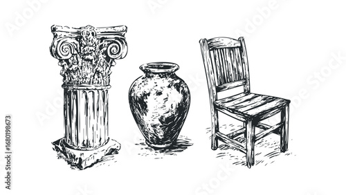 Pen and ink sketch of ancient column capital, pottery vase, and wooden chair. Vector hand drawn illustration