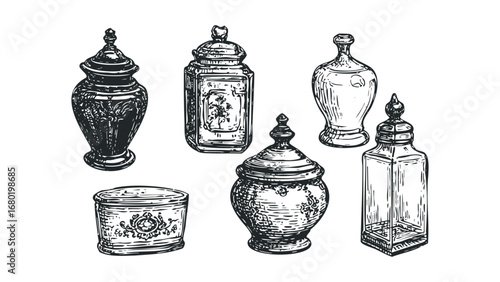 Collection of antique ceramic jars and glass bottles drawn in a vintage style. Vector hand drawn illustration