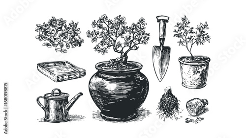 Hand drawn collection of gardening tools and potted plants in sketch style. Vector hand drawn illustration