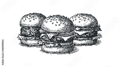 Three delicious classic burgers with sesame seeds and lettuce on a transparent background. Vector hand drawn illustration