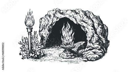 Cave entrance with a lit torch and a bowl of fire. Vector hand drawn illustration