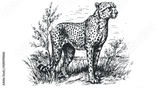 Sketch of a cheetah standing among sparse vegetation. Vector hand drawn illustration