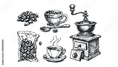 Hand Drawn Coffee Bean And Grinder Collection With Steaming Cup. Vector hand drawn illustration