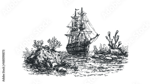 Vintage sailing vessel navigating waters near rocky shores with aquatic plants. Vector hand drawn illustration