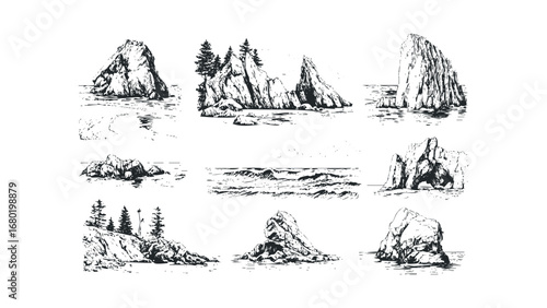 Collection of hand-drawn coastal rock formations and ocean waves. Vector hand drawn illustration
