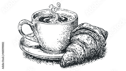 Ink sketch of steaming coffee in cup and saucer with croissant. Vector hand drawn illustration