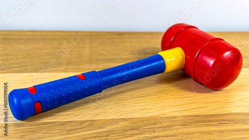 Colorful plastic toy hammer for children on wooden surface
