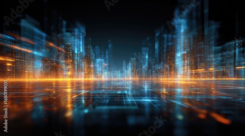 Futuristic cityscape at night, glowing with digital energy.  Reflective surface creates a vibrant, abstract scene