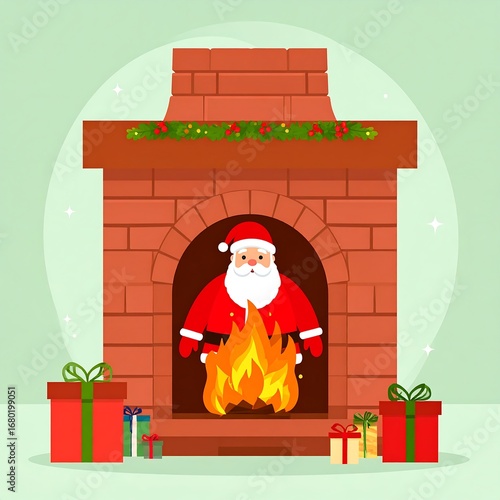 Santa Claus in a cozy fireplace with gifts and Christmas decorations.