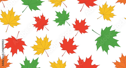 Vibrant autumn maple leaves pattern in red, yellow, and green create a festive seasonal backdrop