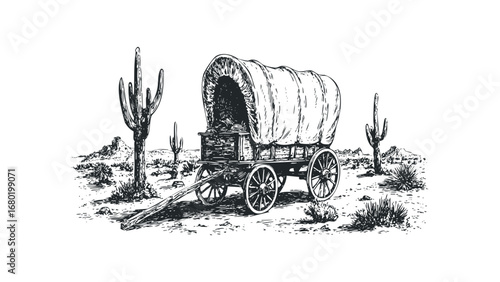 Sketch of covered wagon in desert landscape with saguaro cacti. Vector hand drawn illustration