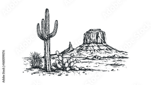 Monolithic rock formation and saguaro cactus sketch on white background. Vector hand drawn illustration