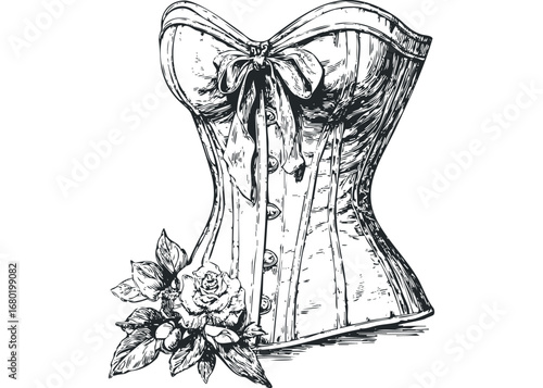 Vintage corset with rose embellishment sketched on transparent background. Vector hand drawn illustration