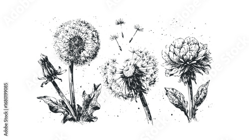 Black and White Ink Drawings of Dandelions and Seeds in Various Stages. Vector hand drawn illustration
