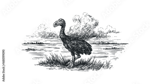Ink Sketch of a Large Prehistoric Bird Standing in Reeds by a Lake. Vector hand drawn illustration