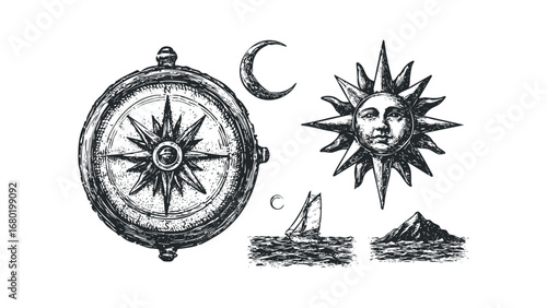 Vintage compass, celestial sun, crescent moon, and sailboat on waves. Vector hand drawn illustration