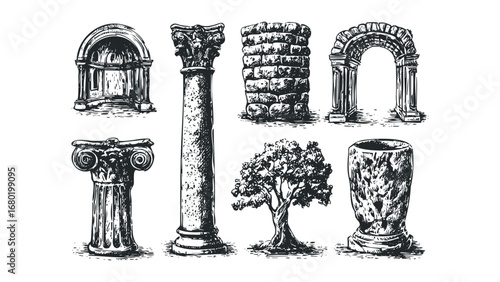 Collection of Ancient Greek Architectural Elements and Tree Sketch. Vector hand drawn illustration