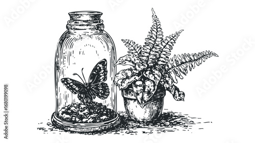 Line art drawing of a butterfly in a glass jar with a potted plant. Vector hand drawn illustration
