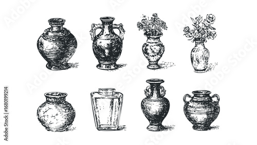Collection of Vintage Pottery and Vase Sketches with Floral Arrangements. Vector hand drawn illustration