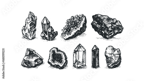 Collection of diverse rock and crystal specimens rendered with detailed line art. Vector hand drawn illustration