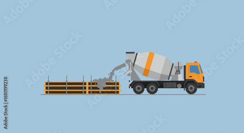 Concrete Mixer Truck Pouring Cement into Formwork.