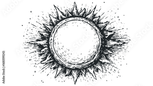 Detailed hand-drawn graphic of a radiant sun with sharp rays and atmospheric dots. Vector hand drawn illustration