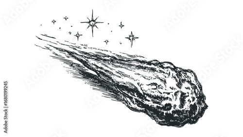 Sketch of a comet streaking across the sky with starbursts. Vector hand drawn illustration