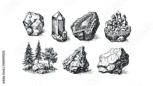 Collection of hand-drawn rough and crystalline mineral samples. Vector hand drawn illustration